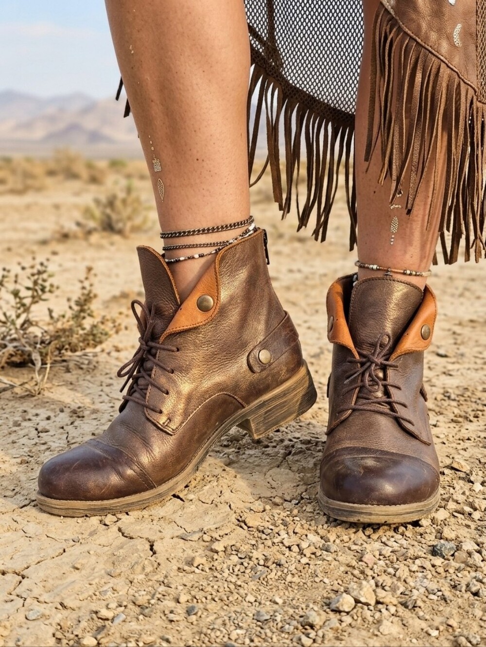 Bueno Bronze Brown Leather Lace Up Ankle Boot Brass Snap Cap Toe Festival Size 7